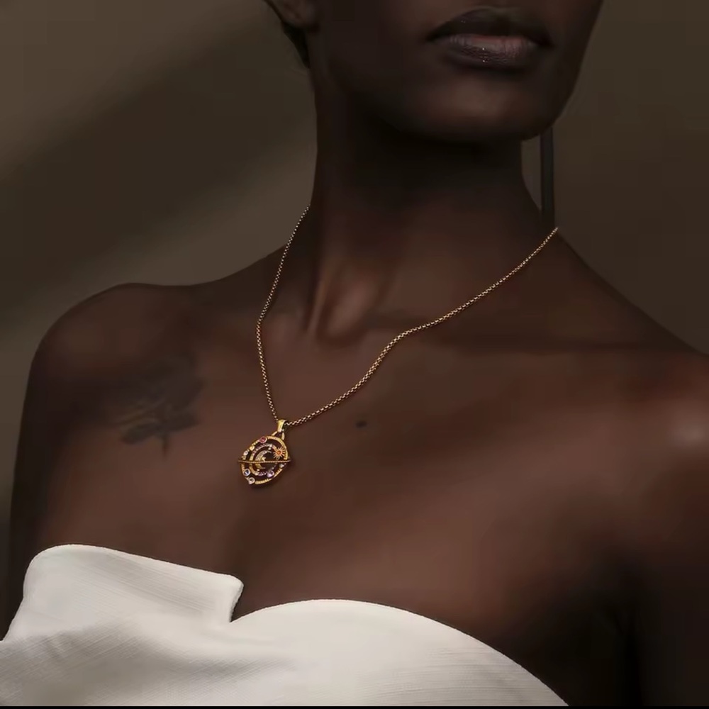 Colorful Rhinestone Moon Star Planet Necklace Stainless Steel 18K Gold Plated - Picture 6 of 8